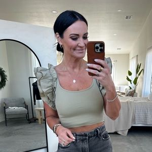 Beivy Sage Ruffle Sleeve Top. Size Small. Cropped.